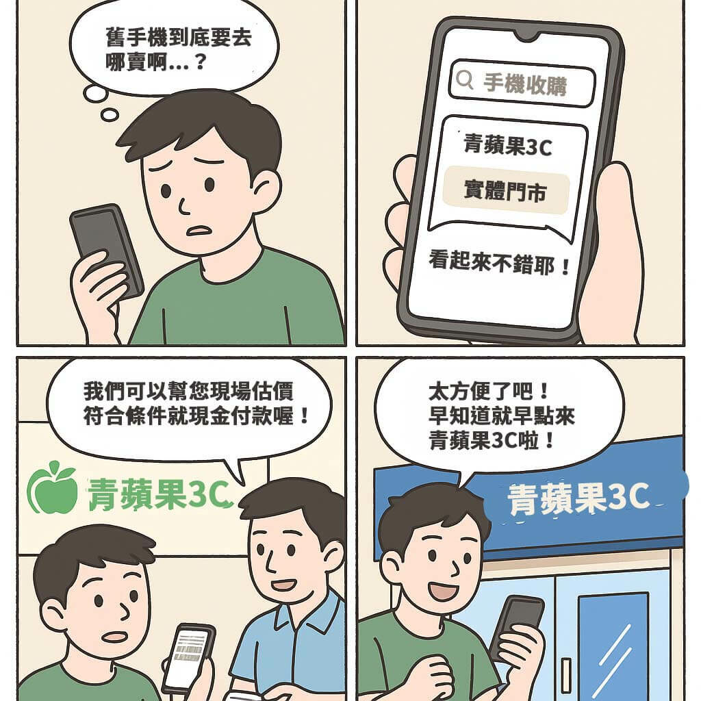 二手手機收購四格漫畫流程,青蘋果3C 門市估價現金交易教學