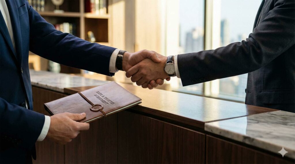 兩隻手在櫃檯上方握手,象徵安全可信賴的交易完成 / Photo of two hands shaking over a sleek counter, symbolizing a safe and trusted deal.