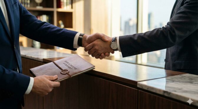 兩隻手在櫃檯上方握手，象徵安全可信賴的交易完成 / Photo of two hands shaking over a sleek counter, symbolizing a safe and trusted deal.